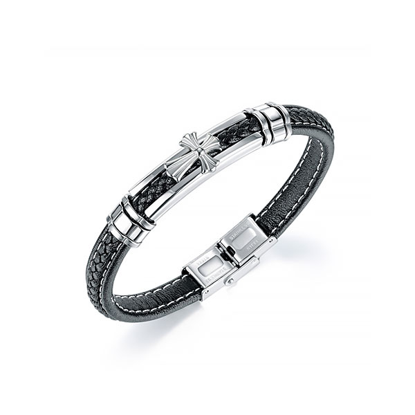 Brazalete Cuero Cruz Minimalista, Acero