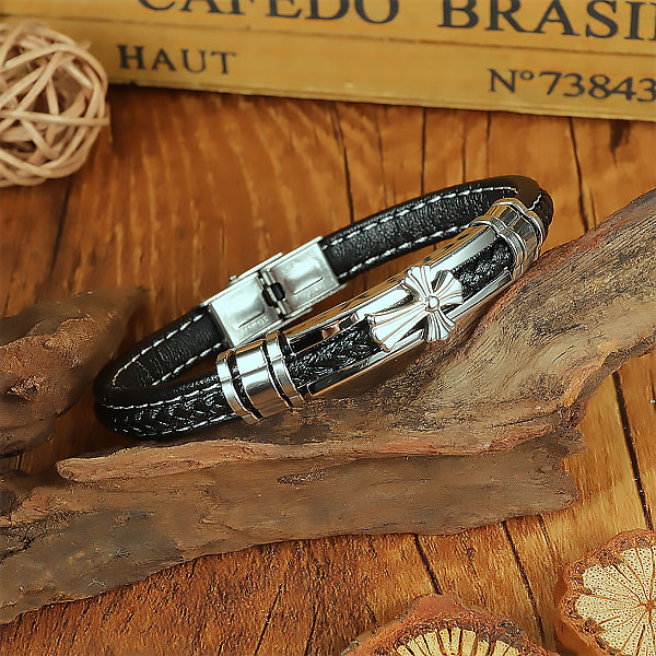 Brazalete Cuero Cruz Minimalista, Acero - Imagen 2